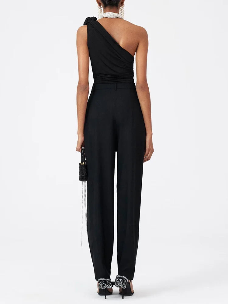 VGH Asymmetrical Slim T Shirt For Women Diagonal Collar Sleeveless Solid Patchwork Top For Women Clothing 2023 Summer Style