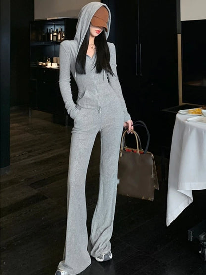 Y2K High Street Two Piece Set Tracksuit Women Hooded Zipper Jacket + Drawstring Wide Leg Pants Korean Fashion Solid Slim Outfits