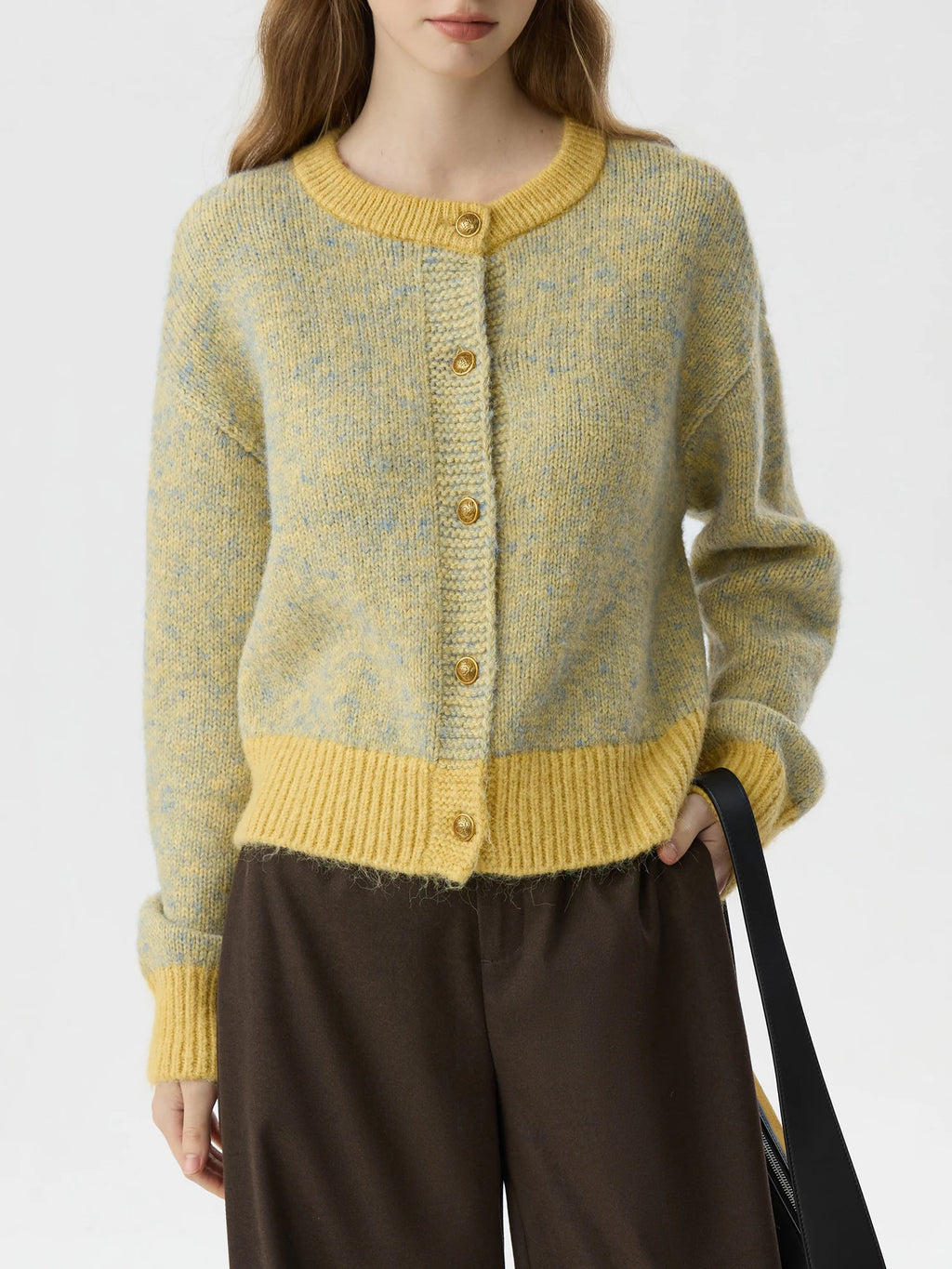 FSLE 2.8% Wool Retro Style Contrast Color Round Neck Cardigan Women Autumn Winter 2024 Colorful Dot Yarn Loose Sweater 24FS14027