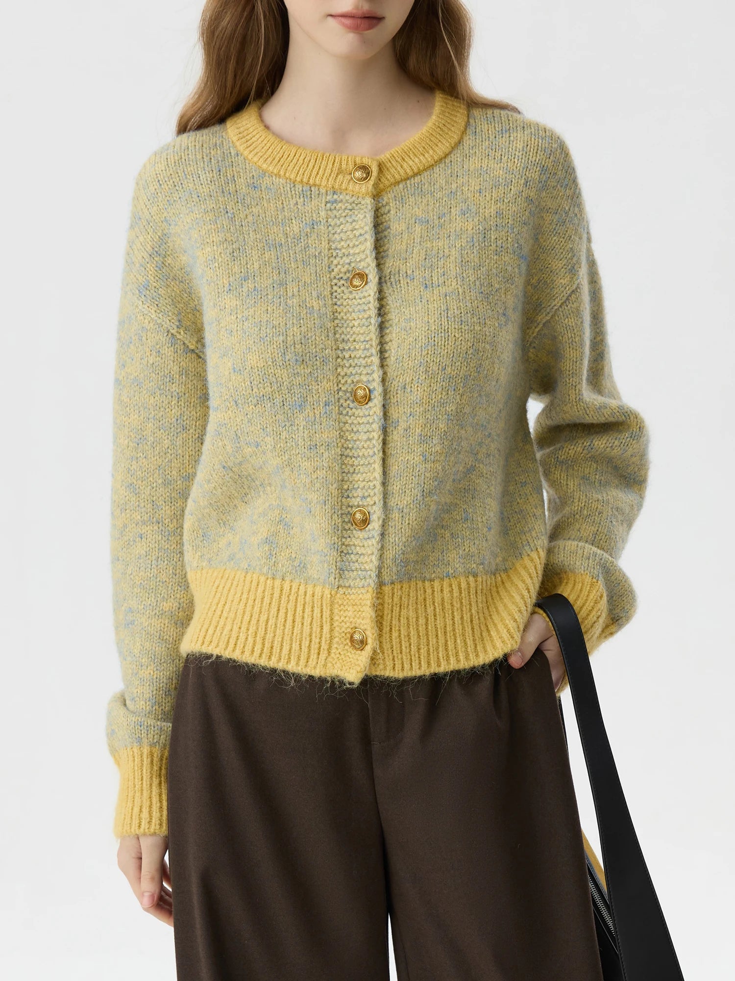 FSLE 2.8% Wool Retro Style Contrast Color Round Neck Cardigan Women Autumn Winter 2024 Colorful Dot Yarn Loose Sweater 24FS14027