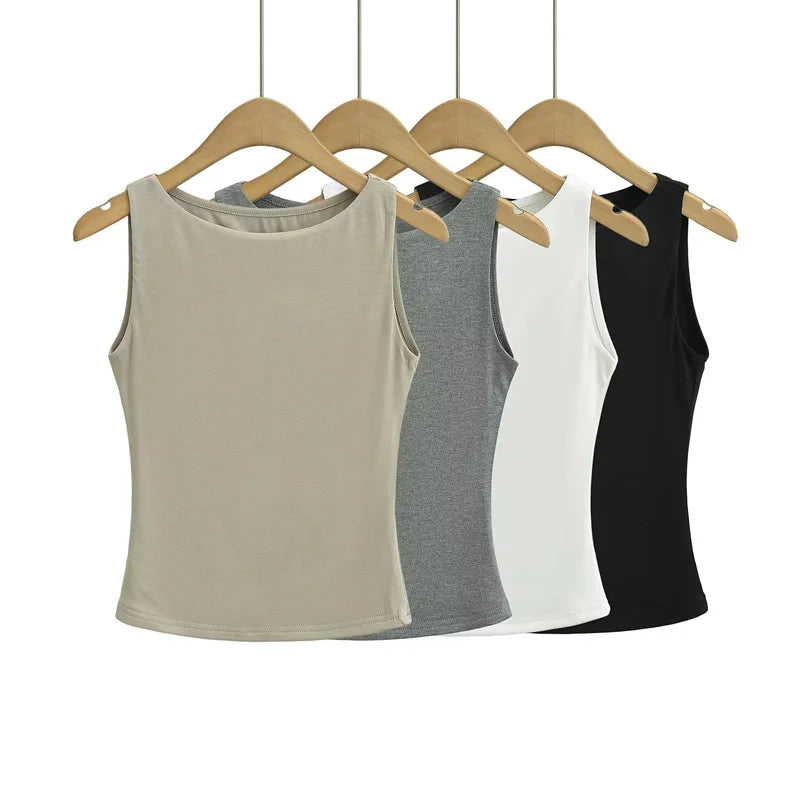 Women Double Layer Boat Neck Soft Slinky Tank Top