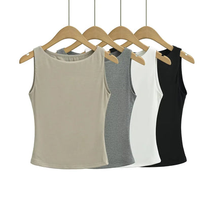 Women Double Layer Boat Neck Soft Slinky Tank Top