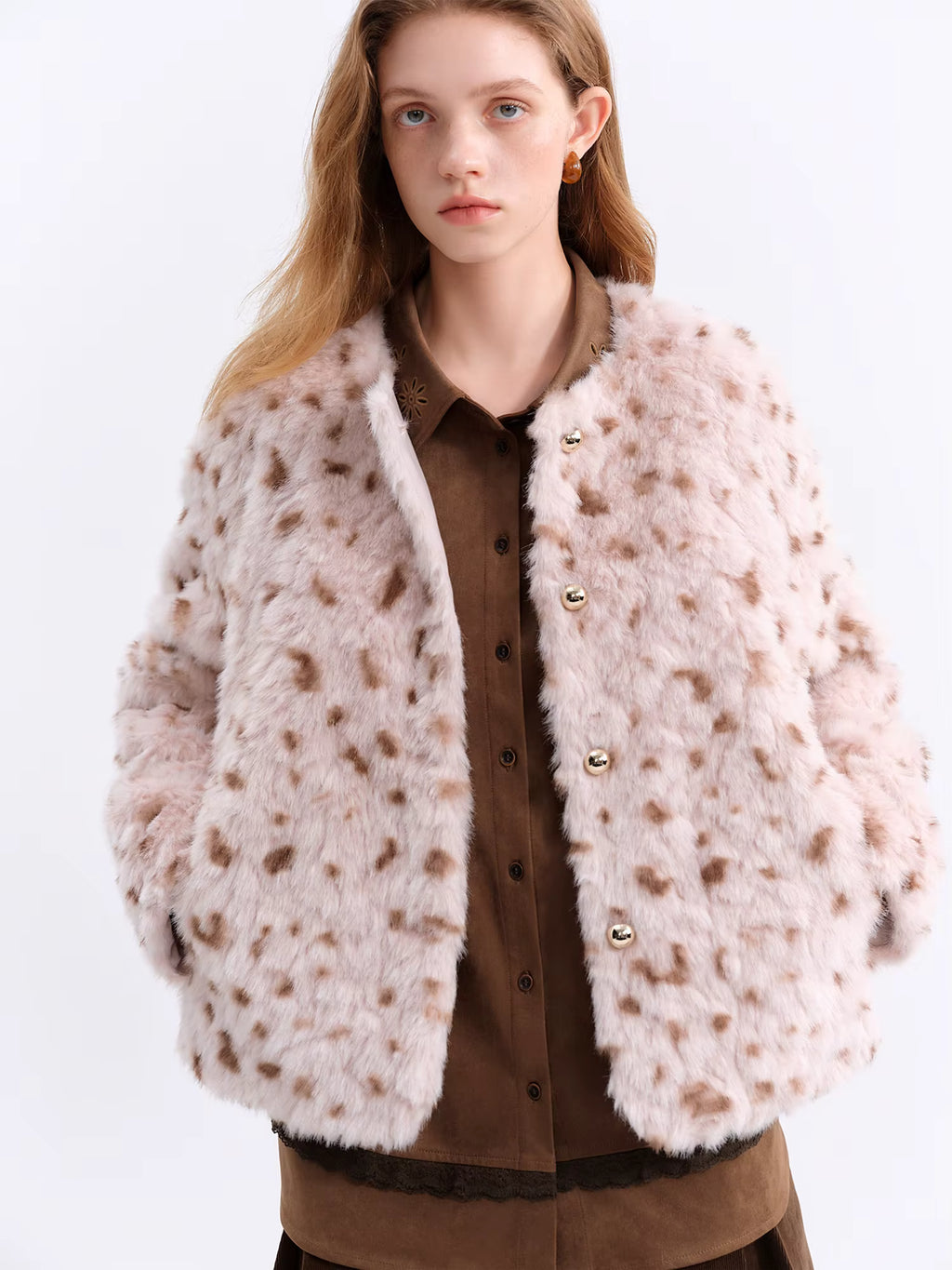 Chestnut Brown Leopard Print Women Faux Fur Stylish A-Line Trench Coat Fall Winter 2025 New Arrival Cozy Winter Essentials