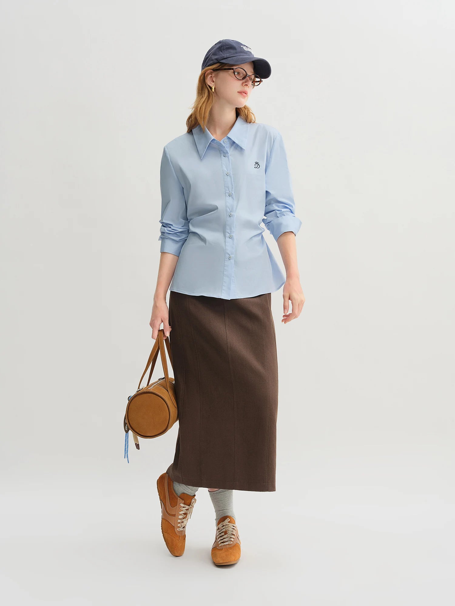 DUSHU Pleated Tie Waist Tricolor Shirt 2025 Autumn New Shirt Slim Tops A-line Skirts Women Suits