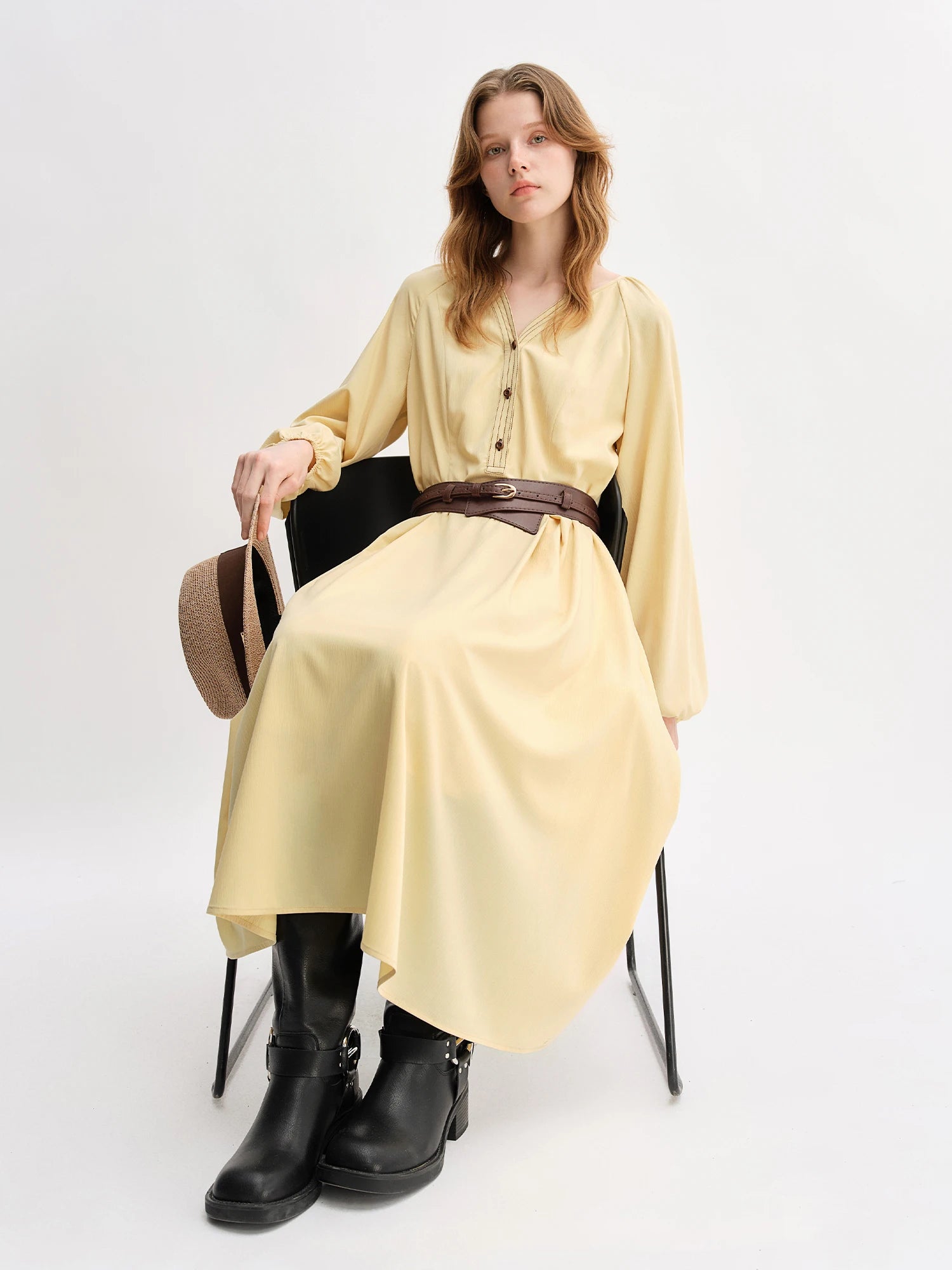 DUSHU Plus Size Women's Apple-shaped Color-blocked Oversized Long Sleeve Dress Autumn 2025 New Arrival Office Casual