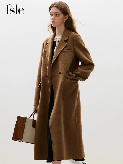 FSLE 85.5% Wool 14.5% Camel Hair Women Front Shoulder Temperament Long Woolen Jackets Notched Collar Double-sided Woolen Coat