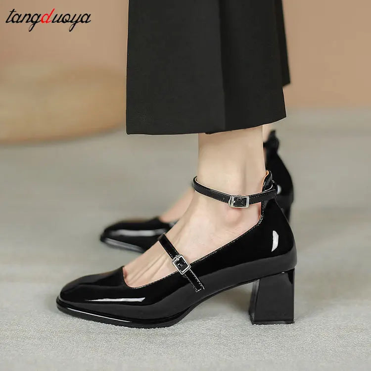 Women heels Shoes Mary Jane Shoes Woman Pumps Patent Leather High Heels Dress Shoes Red Wedding Shoes Spring 2024 Double Buckle
