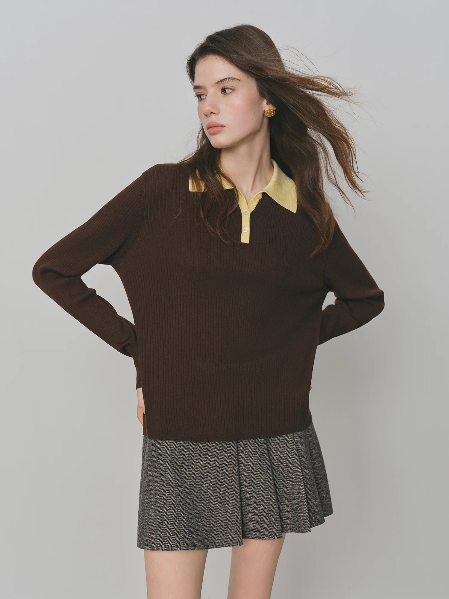 FSLE Silk and Wool Color Clash Polo Collar Knit Sweater for Women 2025 New Versatile Top Pullovers