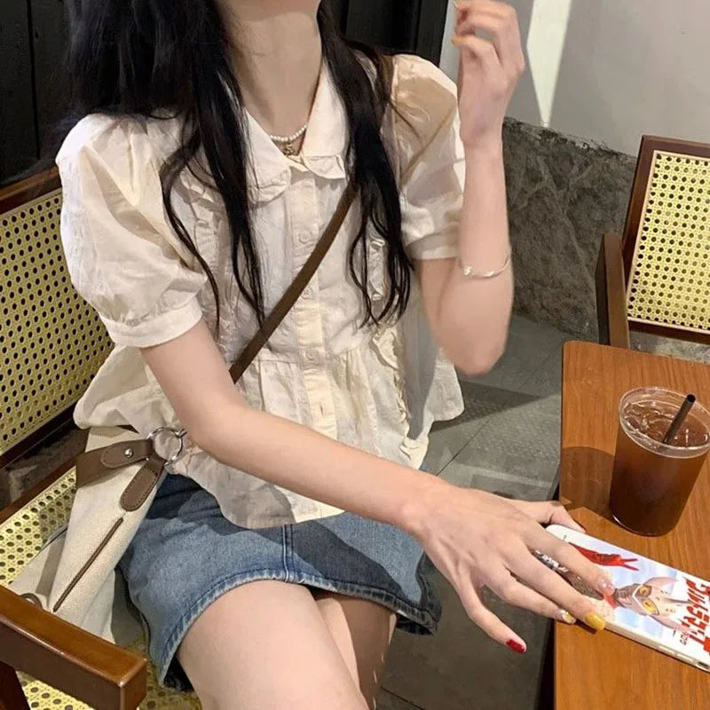 Ruffles Shirts and Blouses Korea Short Sleeve Top Women 2024 Summerpeter Pan Collar Sweet Blouses Cute Elegant Solid Clothes New