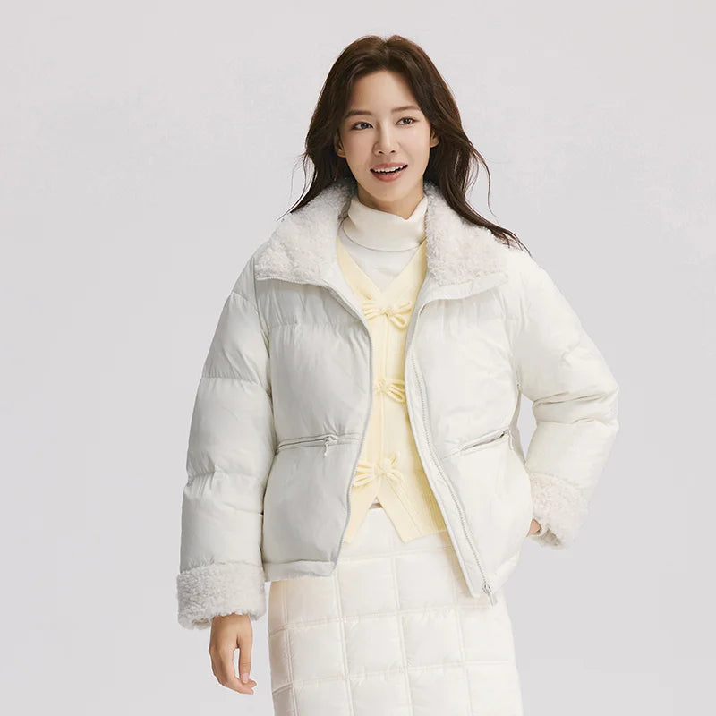 Semir Down Jacket Women Loose Solid Color 2024 New Winter Patchwork Imitation Lamb Wool Stand-Up Collar Textured Down Jacket