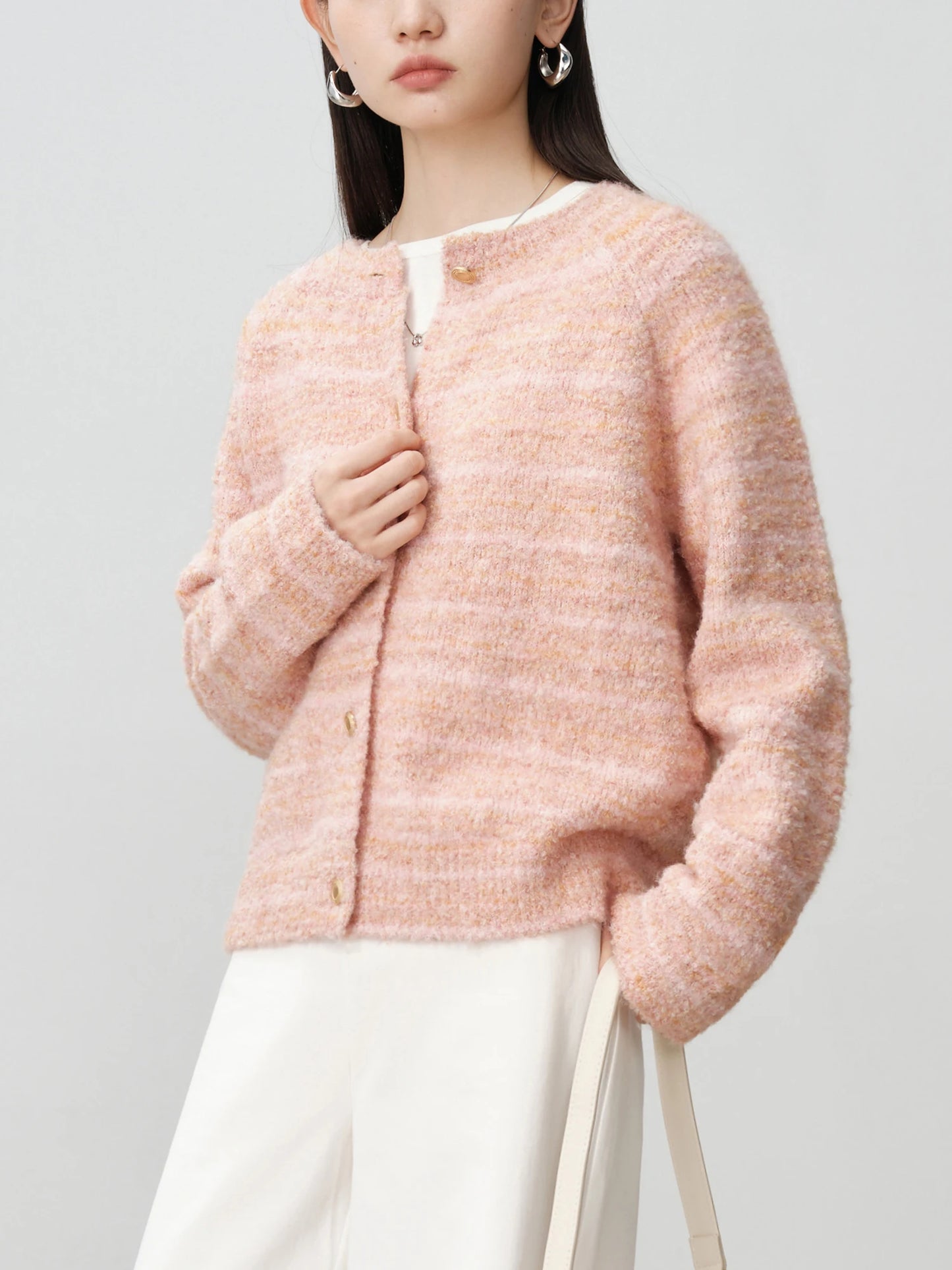 ZIQIAO Women Wool Pullover Sweater Pink Gentle 3.4% Wool Pullover Tops Round Neck Winter Cardigans 24ZQ94135+24ZQ94136