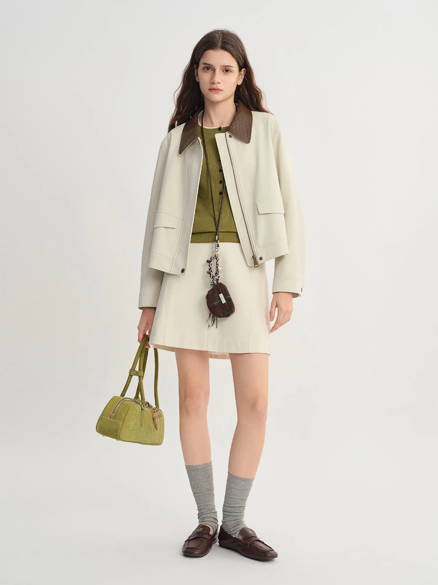 DUSHU Contrast Color Woven Leather Collar Jacket Women 2025 Autumn Drop Shoulder Short Coat Cleanfit Streetwear Leisure
