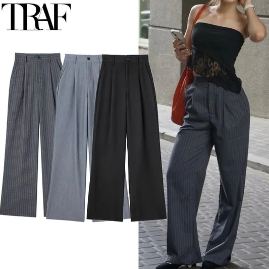 TRAF Women's Formal Pants Office Wear Women Striped Grey Black Pants Woman High Waist Baggy Suit Pants Casual Wide Leg Trousers