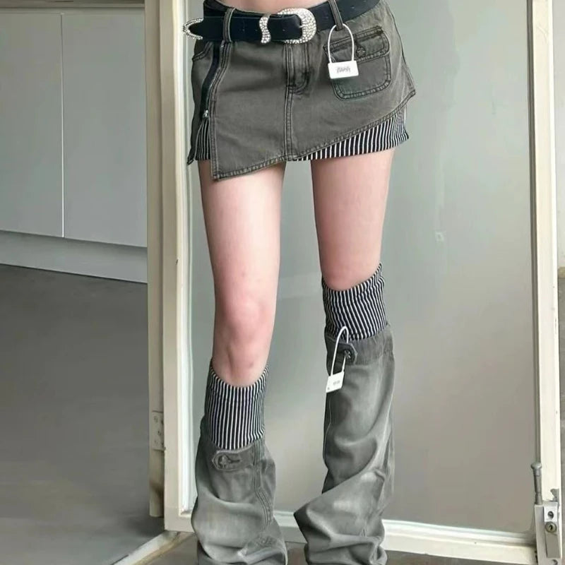 American retro patterned patchwork denim suit half skirt women Y2K irregular short skirt leg cover two-piece set for wearing