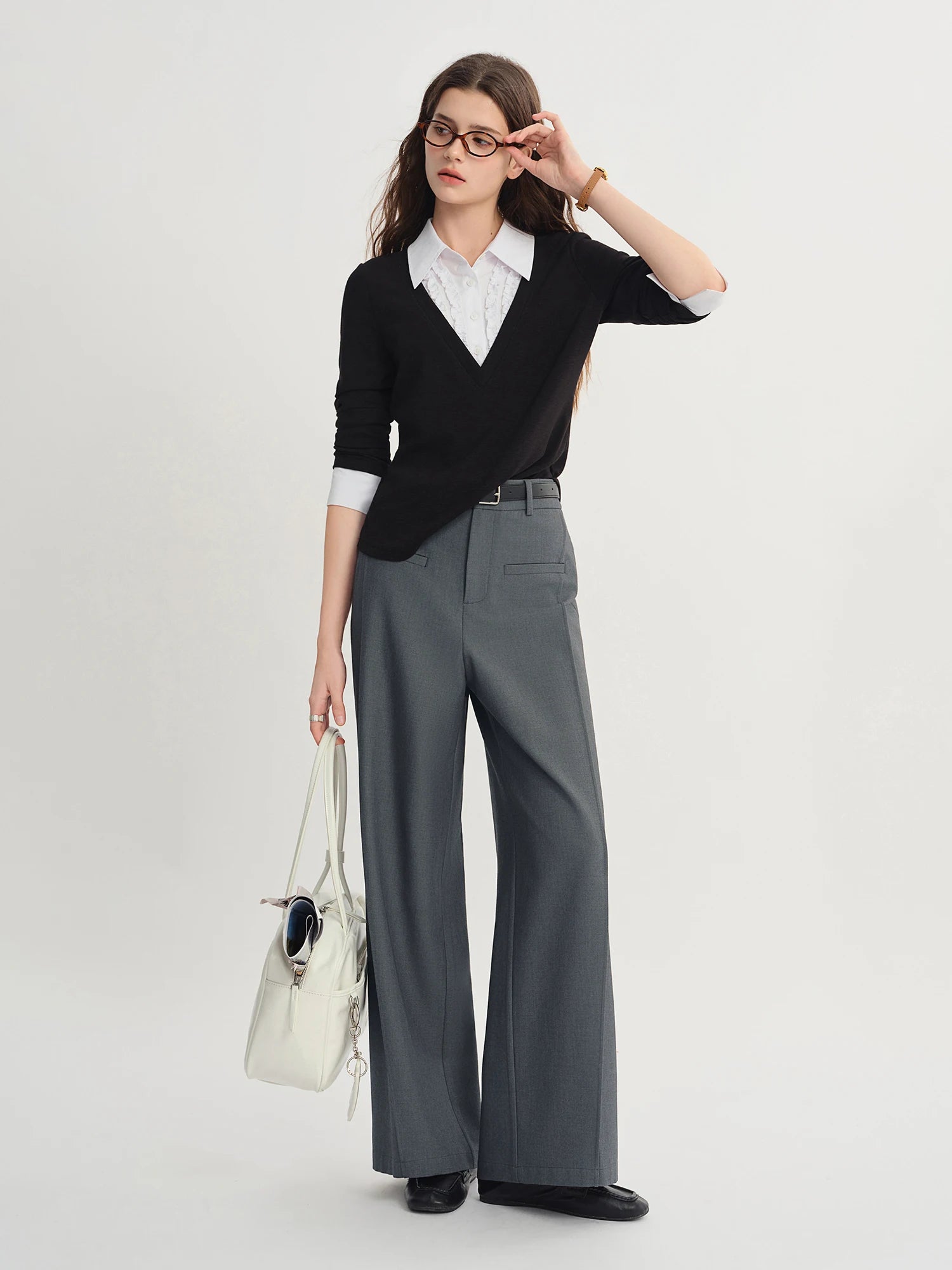 DUSHU Autumn 2025 Women's Wide Leg Trousers - Structural Seam Detail Horizontal Pocket Office Casual Pants with Relaxed Fit