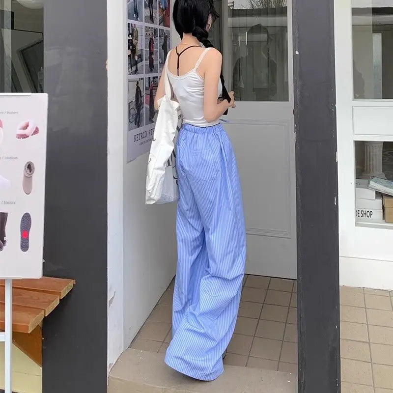 QWEEK Blue Stripe Wide Leg Pants Korean Style Thin High Waist Trousers Loose Casual Pantalones Summer Y2k Clothing