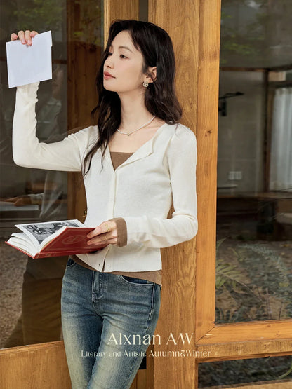 ALXNAN Women Knitted Sweater 2024 Autumn New Korean Style 2 In 1 Spliced Cardigan Vintage Chic Slim Fit Female Tops L50068