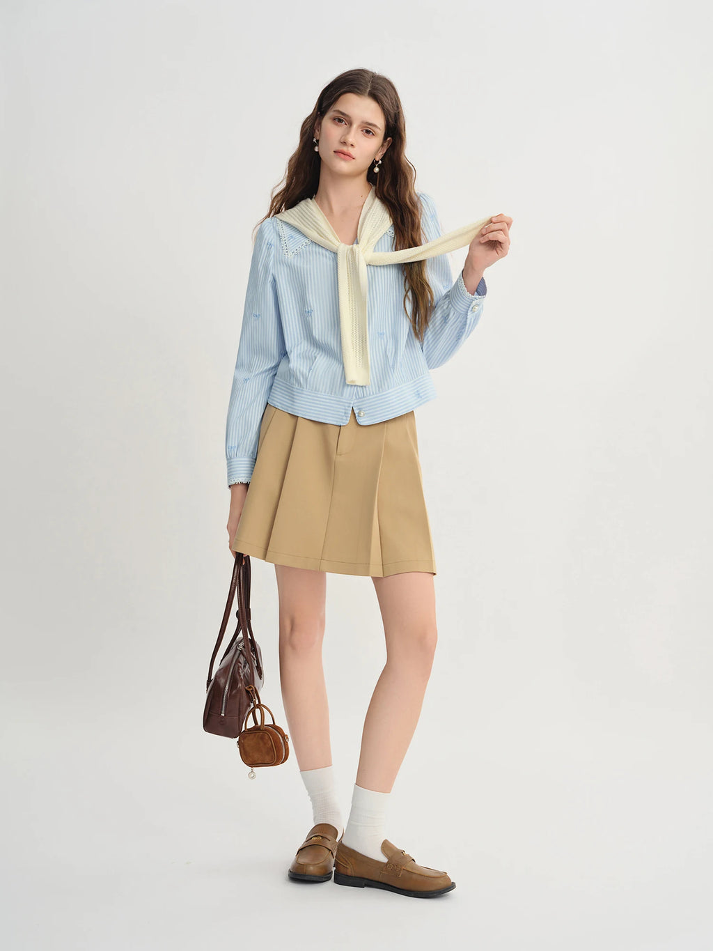 DUSHU Plus Size Women's Lace Trim V-Neckline Striped Shirt Fall 2025 New Arrival Fashion Commuting Top Women Shirts