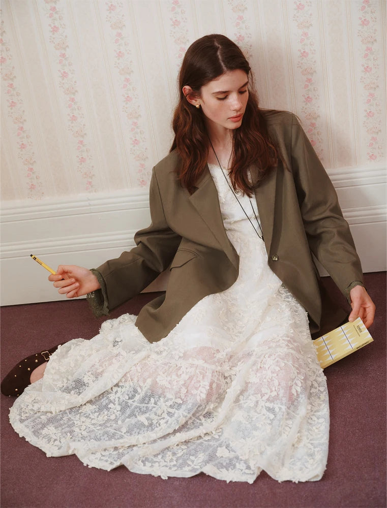 FSLE Design Sensitive French Women's Blazer with Lace Trim 2025 Autumn New Arrival White Suit Blazers