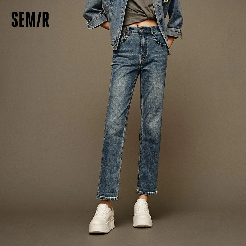 Semir Jeans Women Distressed Long Trousers 2024 New Winter Fleece Straight-Leg Trousers