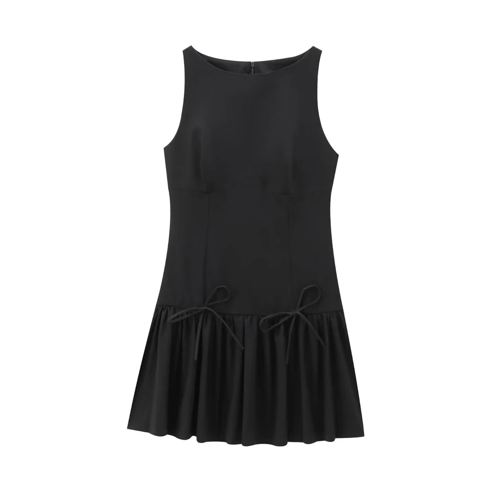 TRAF-Women's Ruffled Mini Dress with Bows, O Neck, Sleeveless, Back Zipper, Female Dresses, Chic Fashion