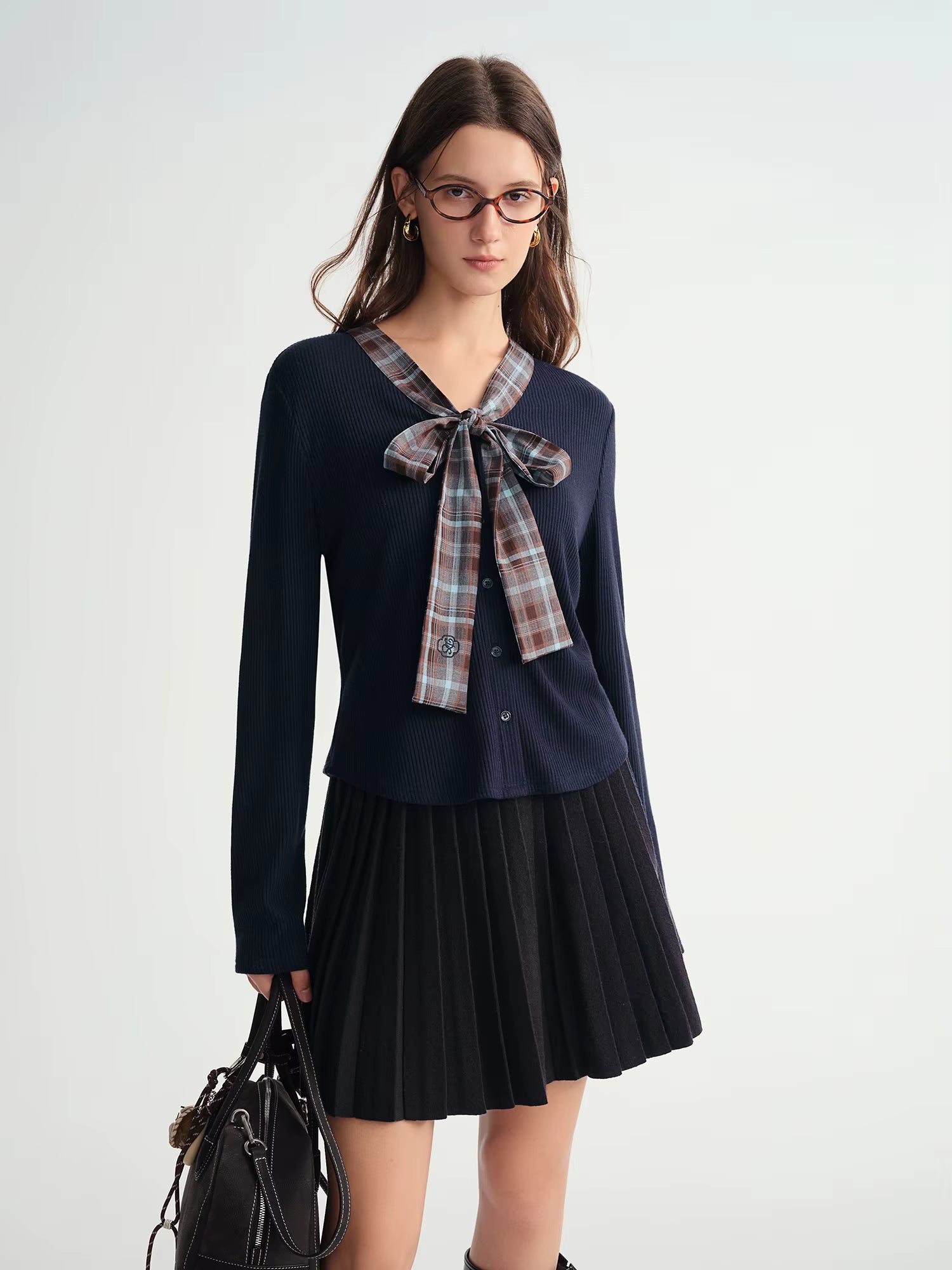 Autumn Winter 2025 Women's Plaid Mock Layer Knit Cardigan - Tartan Print Tie Collar Casual Coatigan Versatile Top