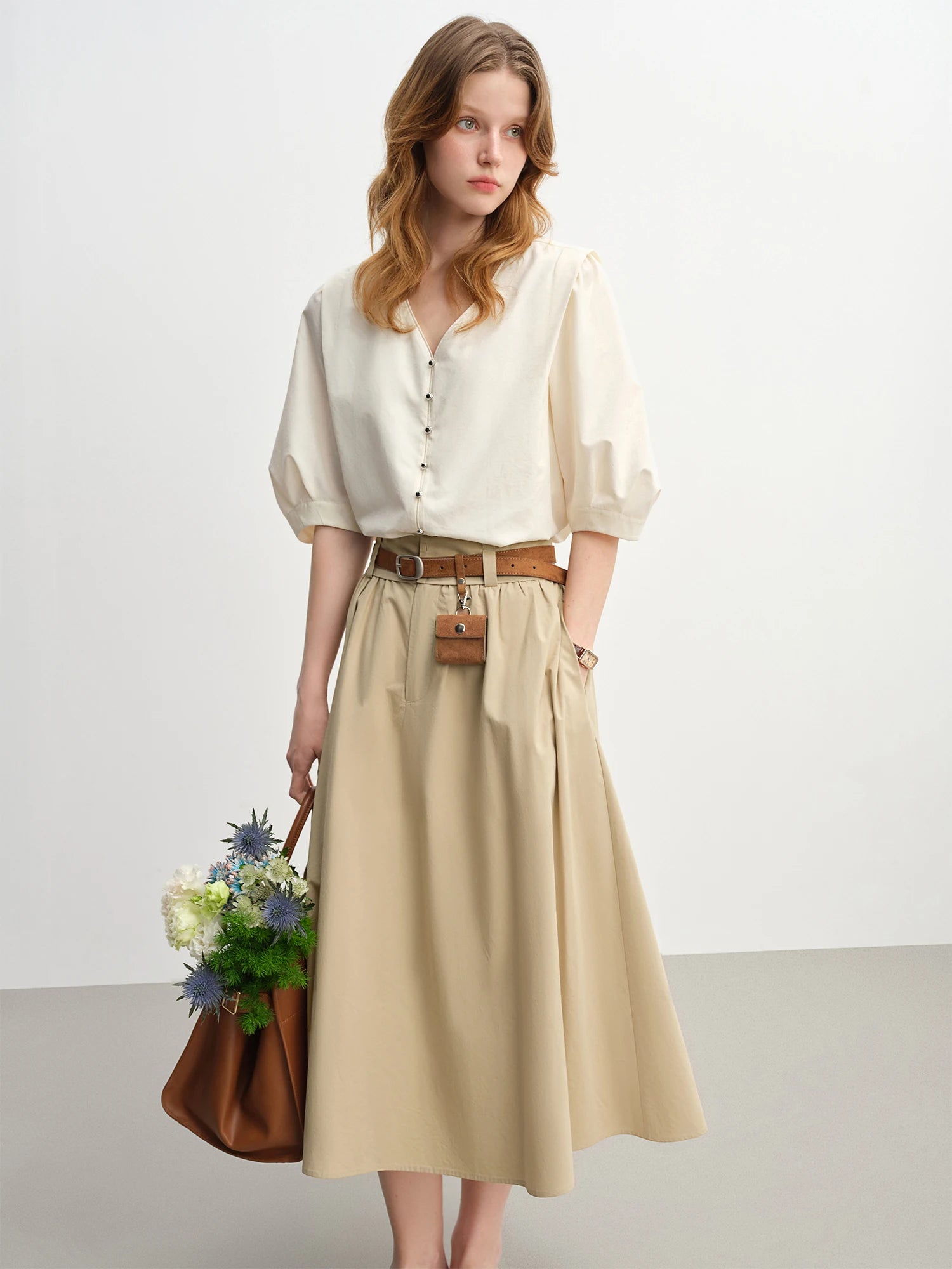 DUSHU V-neck Blouse Half Sleeve Solid Simple Ins Korean Style 2025 Autumn New Fashion Commuting All-match Slim Tops