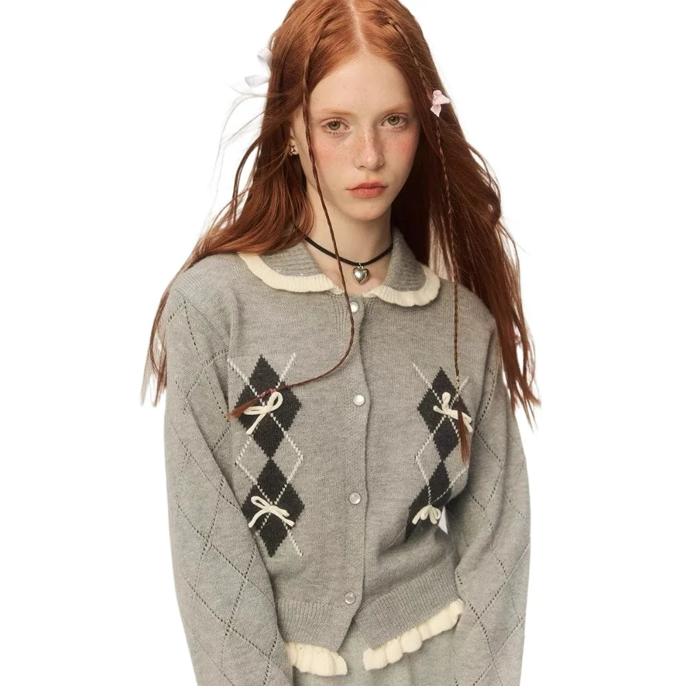 QWEEK Y2k Coquette Elegant Knit Knitted Cardigan Women 2024 Autumn Winter Fashion Kawaii Cute Bow Plaid Sweater Ruffles