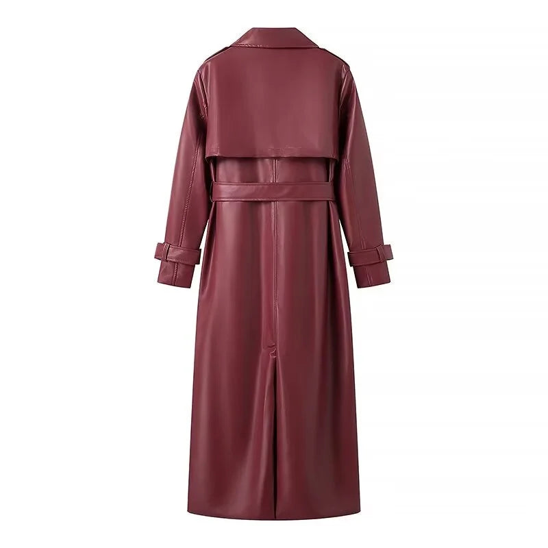 KEYANKETIAN 2024 New Launch Women's Burgundy Faux Leather Coat Retro Fashion With Belt Pockets Loose Extended Overcoat Outerwear