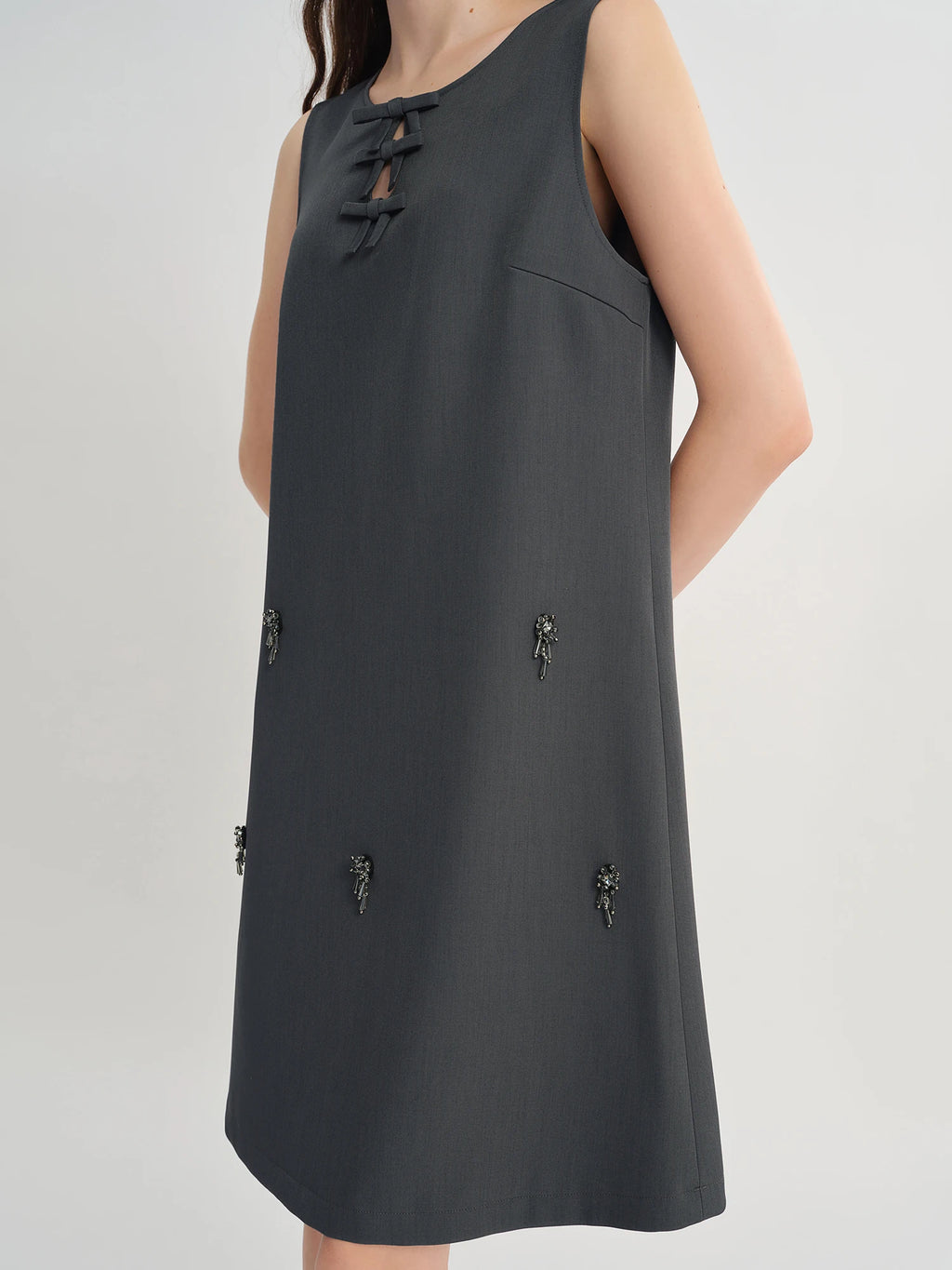 Autumn 2025 Women's Embellished Beaded Tank Dress - Bow Accent Layering Staple Versatile Fall Piece Heavy Craft Detailing
