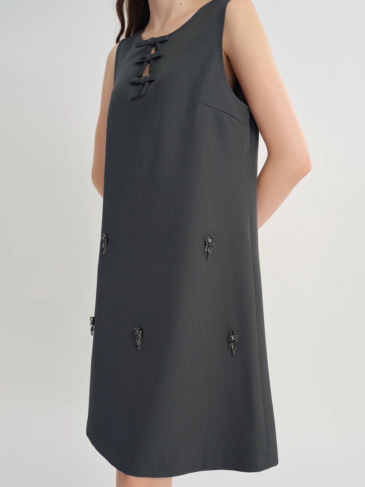 Autumn 2025 Women's Embellished Beaded Tank Dress - Bow Accent Layering Staple Versatile Fall Piece Heavy Craft Detailing