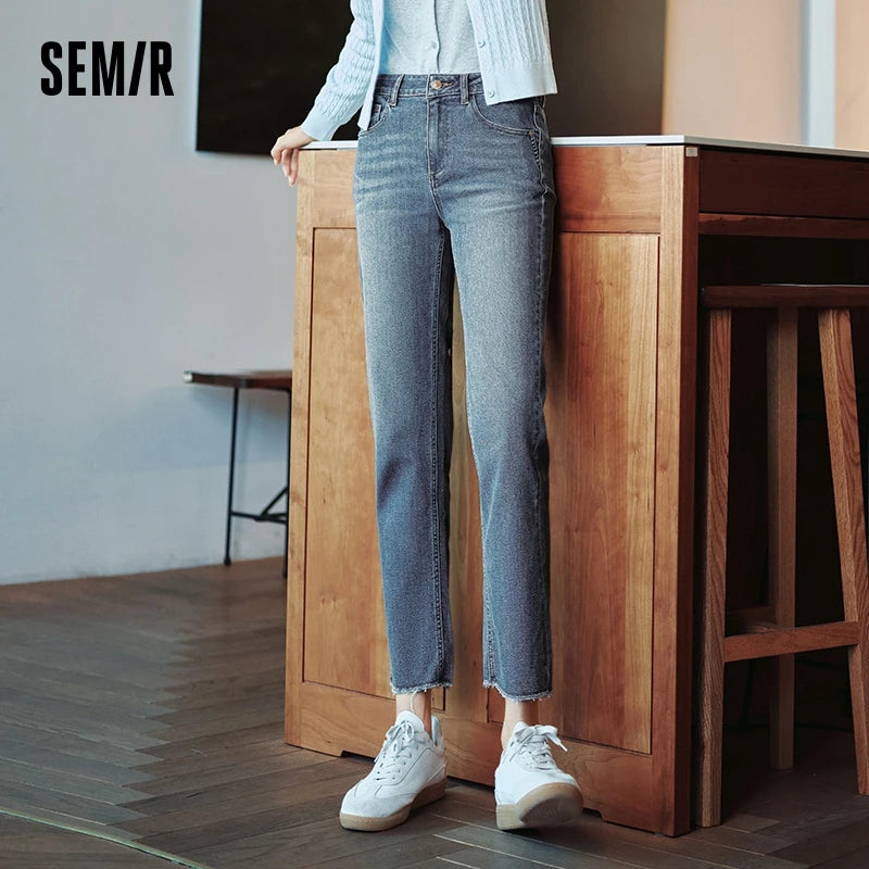 Semir Jeans Women Height-Enhancing Nine-Point Trousers Petite 2024 New Autumn Frayed Edge Small Straight-Leg Trousers