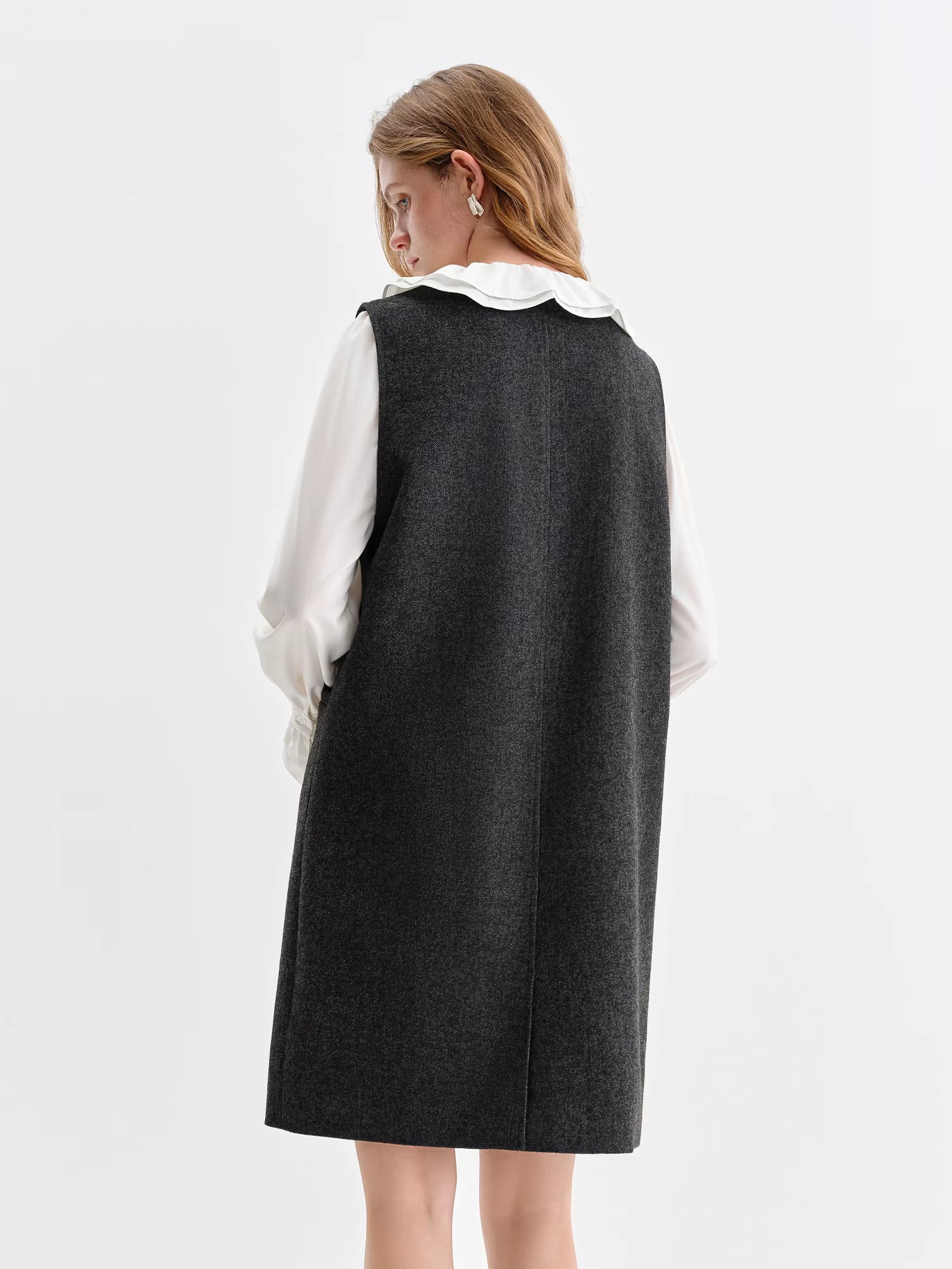 2025 Autumn Winter Women's Sleeveless V-Neck Wool Blend Tank Dress Layering Slip Midaxi Duster Versatile Elegant Linen