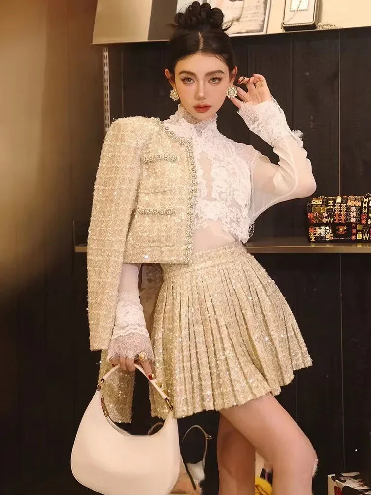 Autumn Winter Beading Tweed Pearls Short Jacket Coat + Mini Pleated Skirt Suit Two Piece Sets Womens Outifits