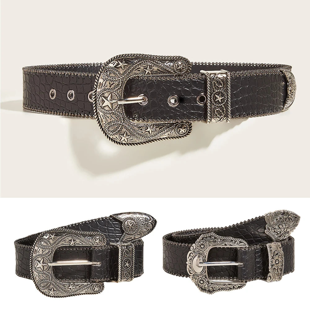 Fashion Gothic Pu Belt for Women Alloy Buckle Jeans Waist Strap Luxury Design Stone Pattern Female Jeans Waistband Y2k Accessory