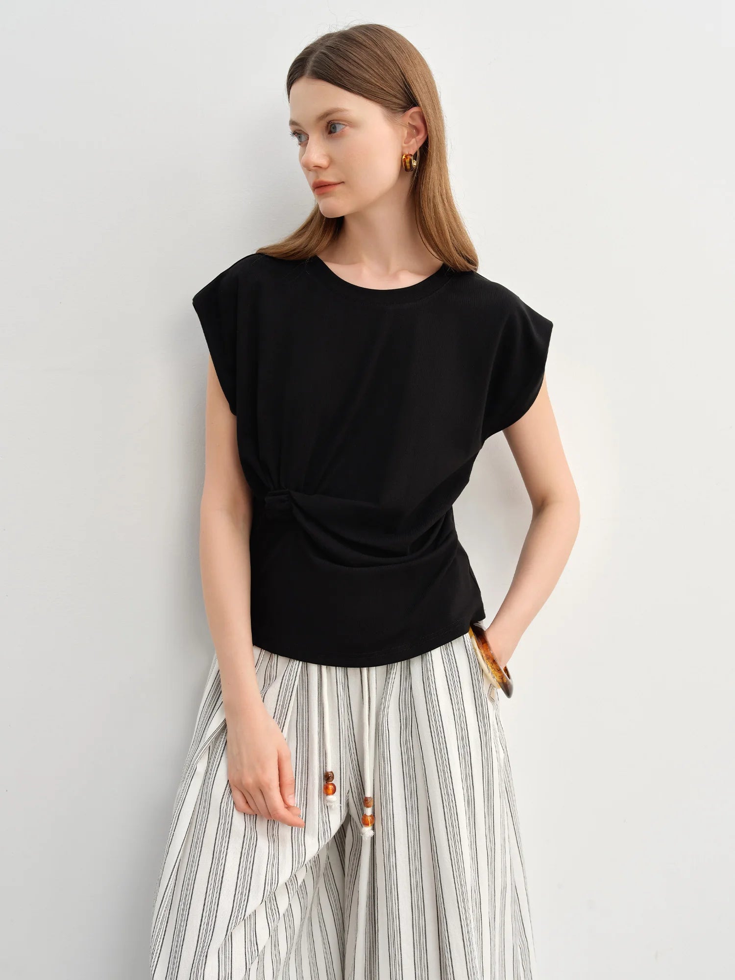 DUSHU 2025 Summer Women's Cinched Waist T-Shirt - Flattering Silhouette Short Sleeve Top with Stylish Design Details
