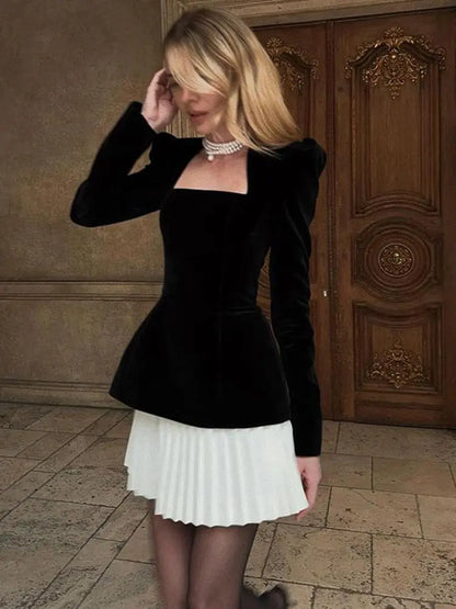 Elegant Black Velvet Long Sleeves Mini Dress Women Fashion Square Neck Pleats Splicing High Waist Dresses Lady Chic Short Robes