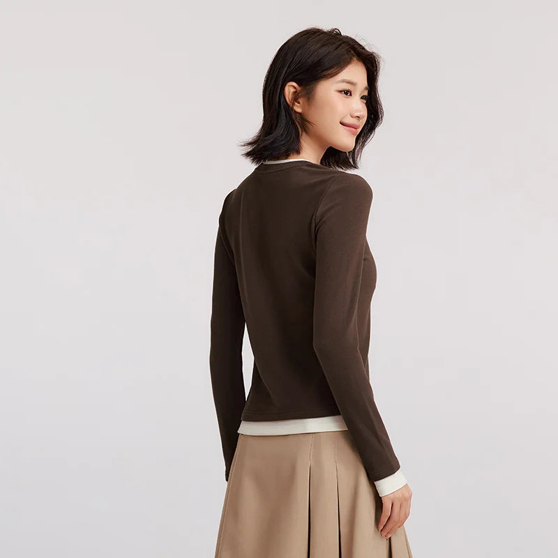 Semir Long Sleeve T-Shirt WomenTight Frayed Round Neck 2024 Winter New Moisture-Wicking Contrast Color Long Sleeve T-Shirt
