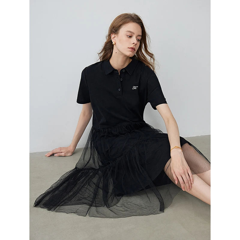TOYOUTH Women Dresss 2024 Summer New POLO Collar Loose Fitting Mesh Patchwork Skirt
