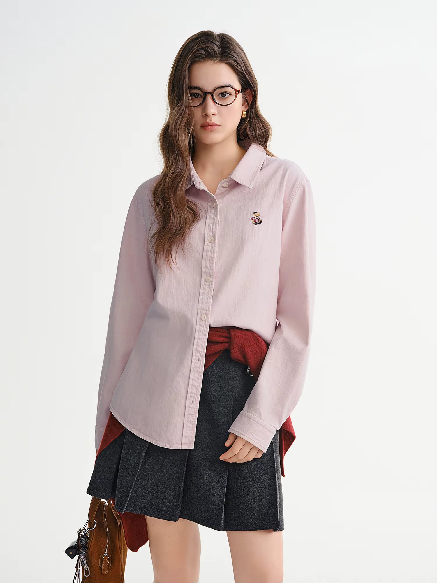 Plus Size Women's Denim Shirt with Bear Embroidery American Retro Style Autumn Winter 2025 Slimming Fit Casual Top Blouse