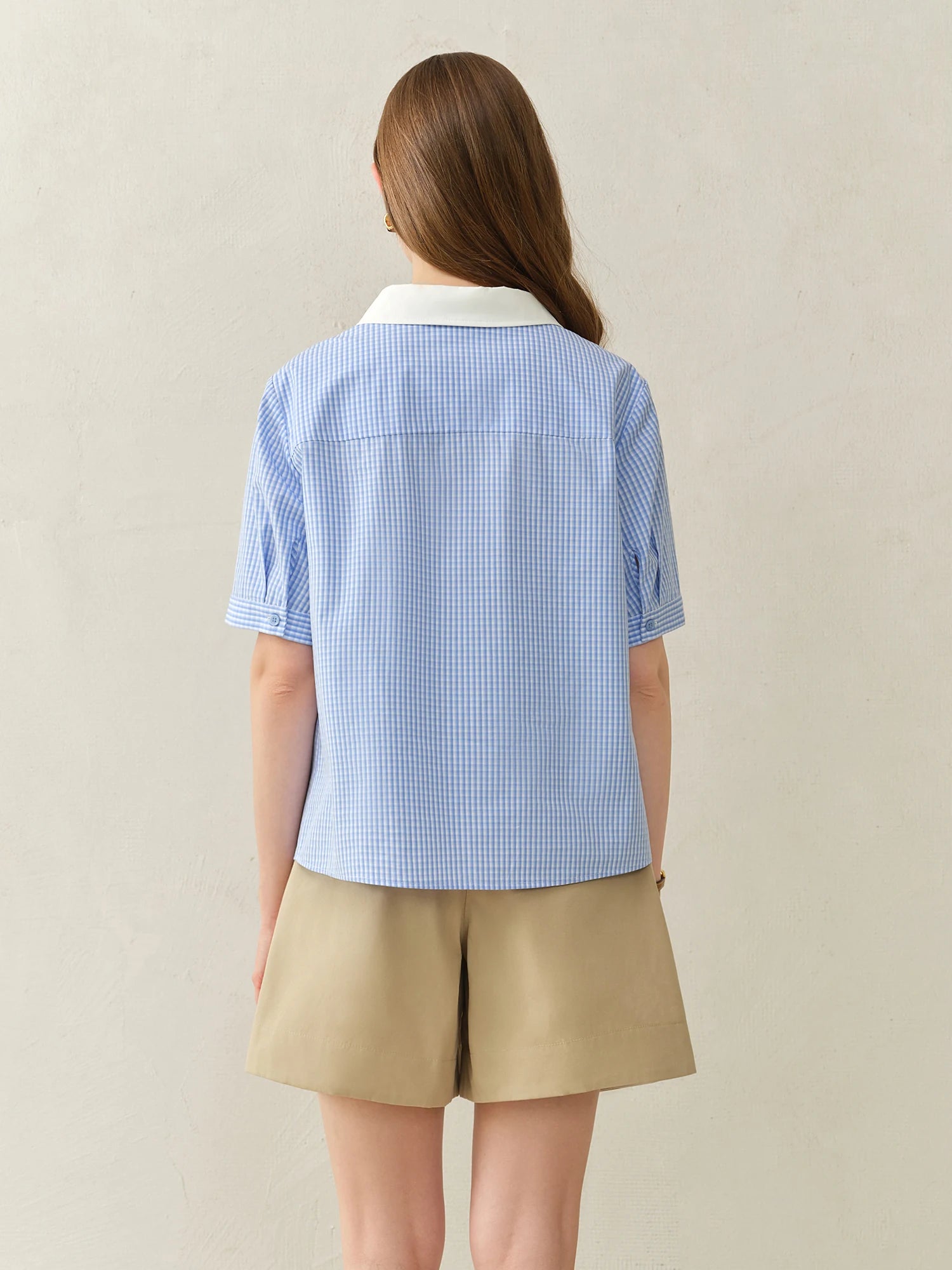 DUSHU Plus Size Retro Style Blue Plaid Short-sleeved Shirt 2025 Summer New Tops Lyocell Lace Stitching Chic Shirt