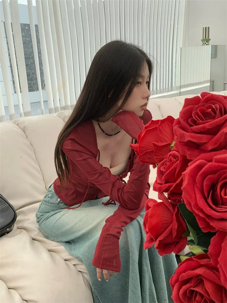 Yedinas Streetwear Burgundy Mesh Tops Long Sleeve Lace Up Square Collar T Shirt Women Crop Top Spring Summer 2023 Y2k  Chic Tops