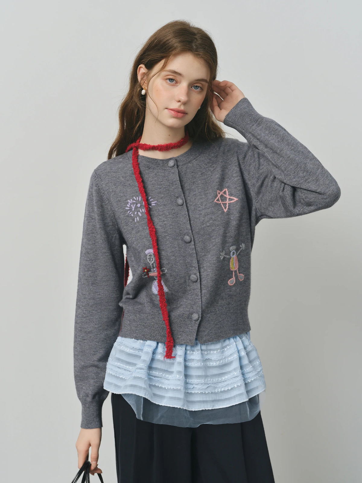 FSLE Embroidered Cute Long Sleeves Chic Cardigan Sweater for Women 2025 Autumn New Arrival Style Warm Cardigan