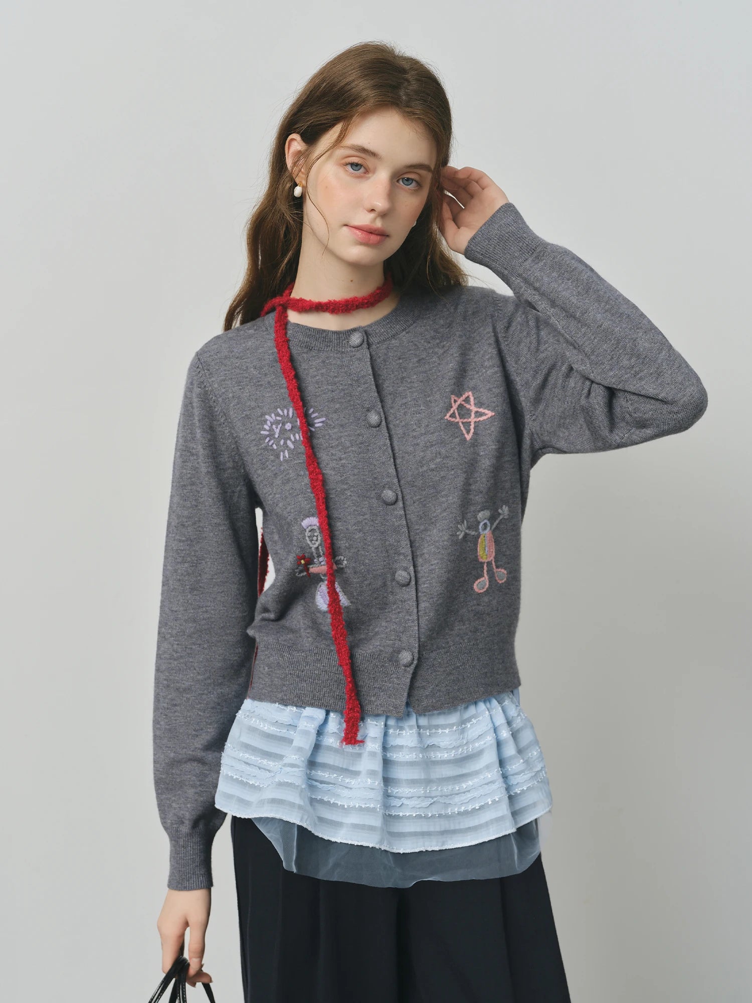 FSLE Embroidered Cute Long Sleeves Chic Cardigan Sweater for Women 2025 Autumn New Arrival Style Warm Cardigan
