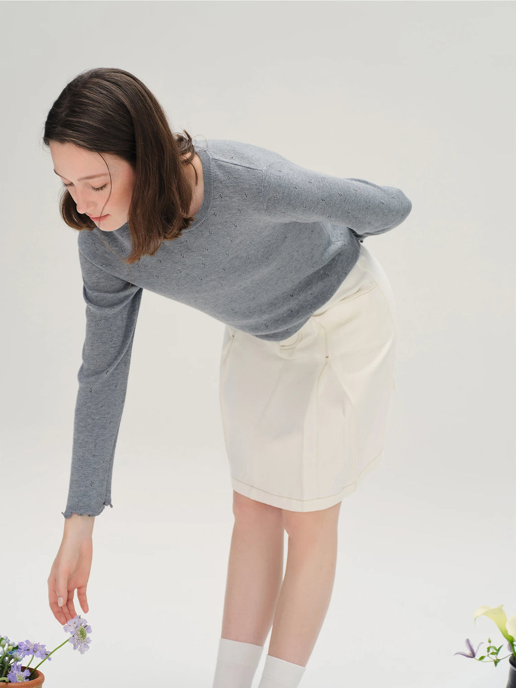 DUSHU Autumn 2025 Women's Round Neck Knit Top - Eyelet Trim Lace Edge Ribbed Texture Office Casual Blouse with Loose Fit