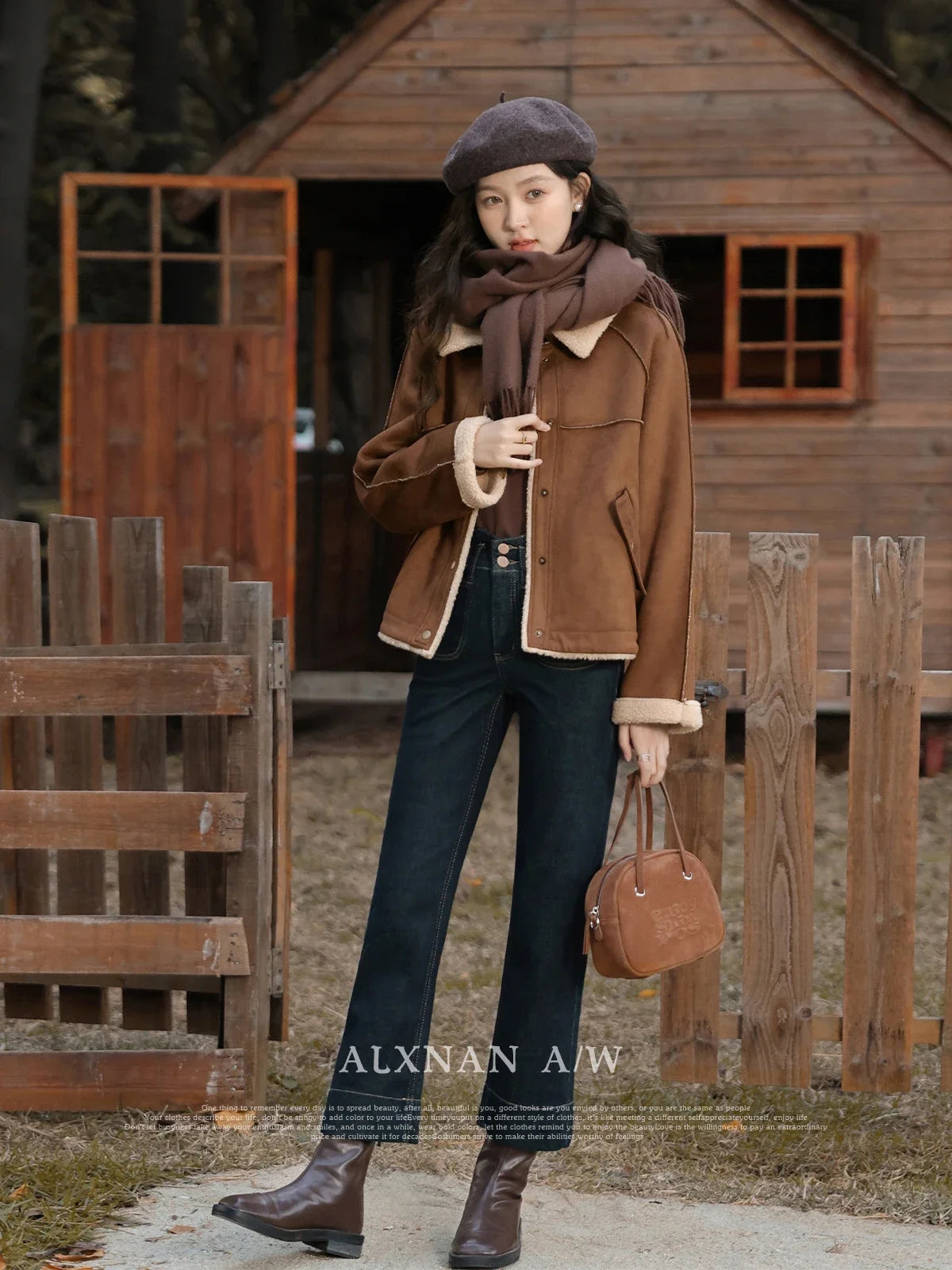 ALXNAN Lamb Wool Coat Female 2024 Autumn Winter New Maillard Spliced Lapel Collar Single Breasted Straight Jacket L330203