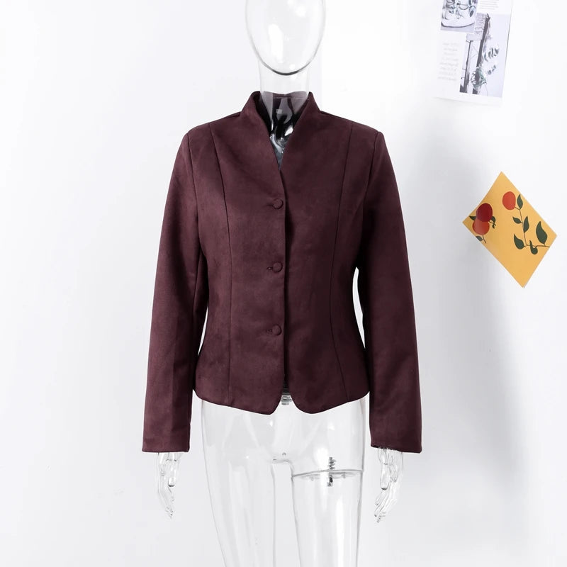 Vintage Burgundy Suede Jacket Women Slim V-neck Single Breasted Long Sleeve Coats 2024 Autumn New Female Office Chic Outwears