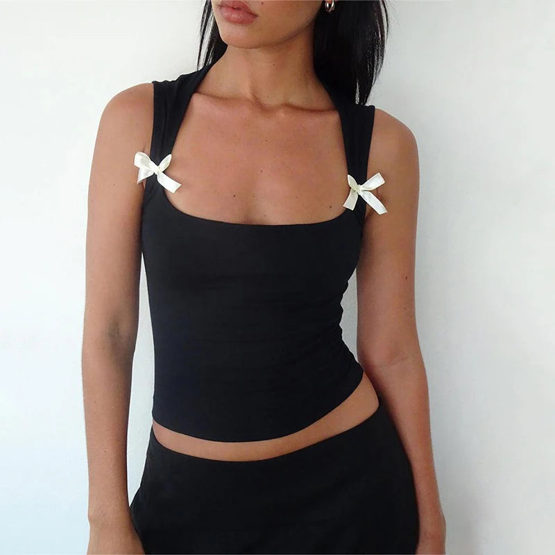 CUTENOVA Y2K Women'S Bow Tie-Up Tank Tops Wide Shoulder Straps Bandage Camisole Sexy Low Cut Crop Tops Female Vest Tops Clubwear