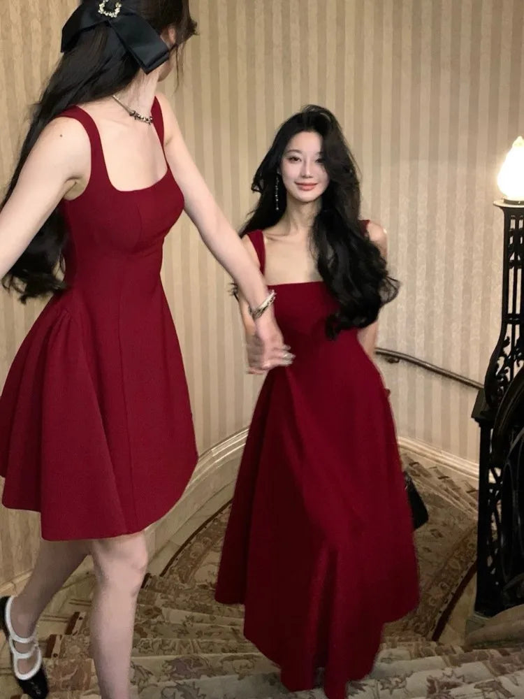Solid Midi Dress Women French Elegant Holiday Party Dresses A-line Prom Robe Wedding Vestidos Ladies Clothes New