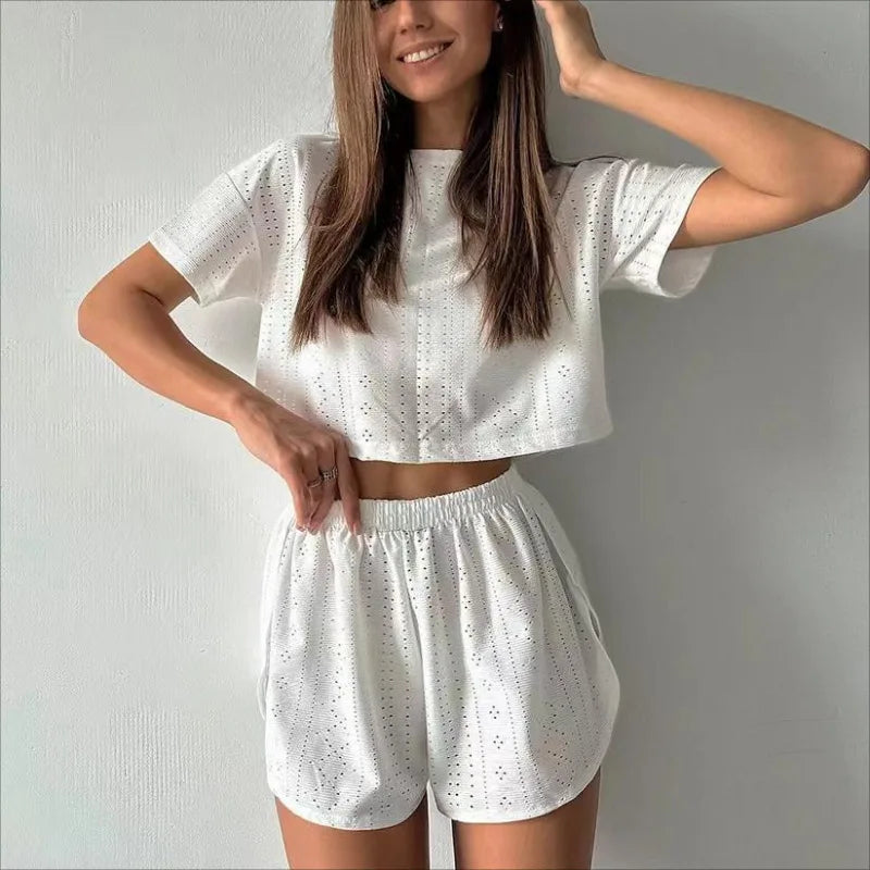 Women's Pajamas Set Spring Long Sleeve Tops With Shorts Sleepwear 2 Piece Set Loose Round Neck Home Wear Loungewear Pyjama Femme